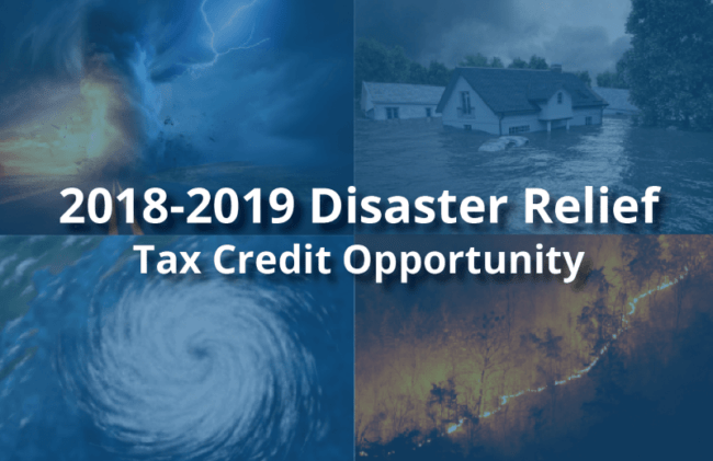 disaster relief credit opportunity text with images tornado, flood, hurricane, wildfire