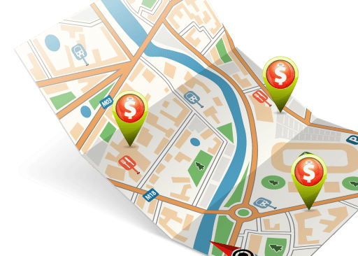 map with locations marked with dollar signs